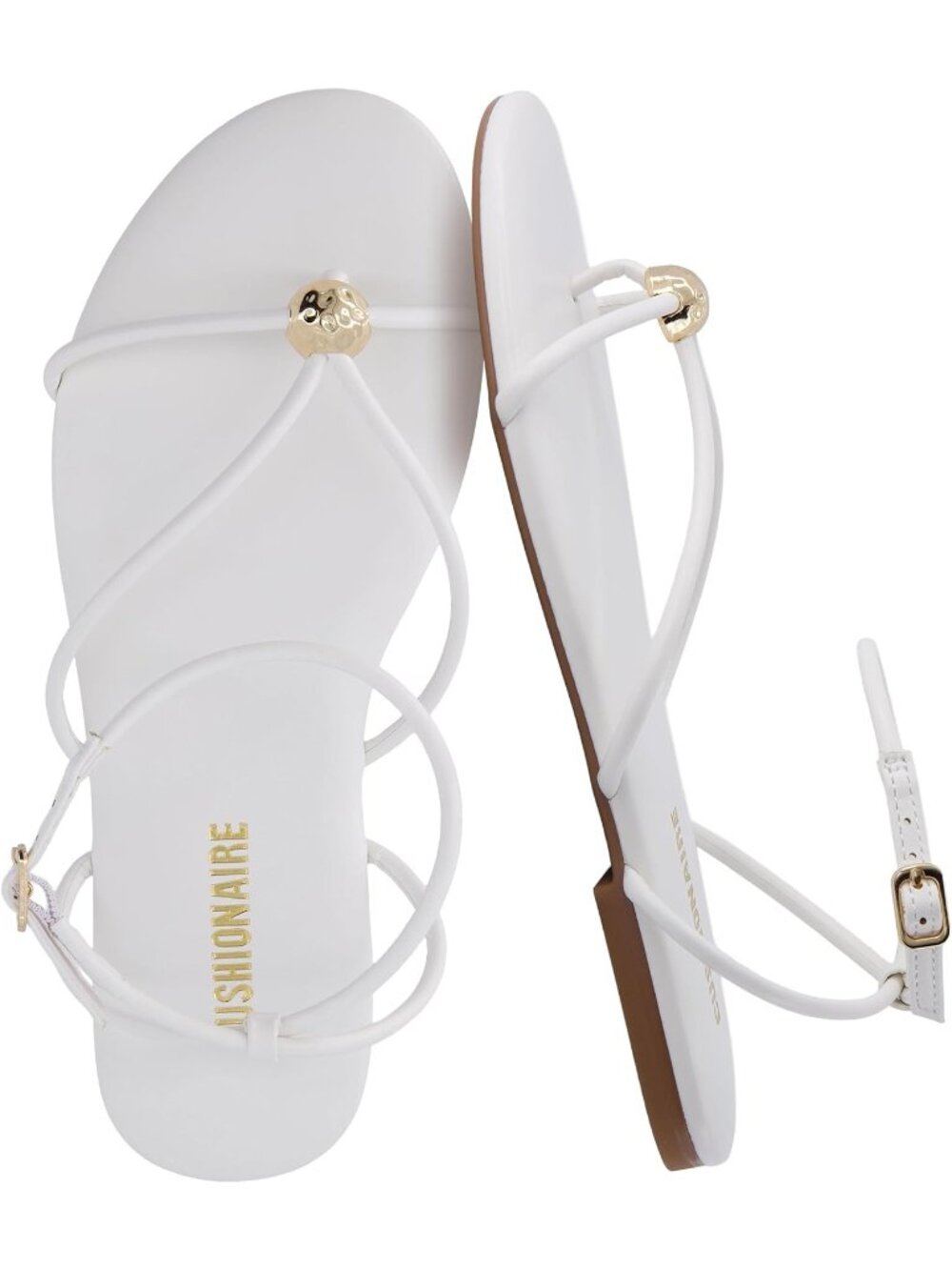 Women's White Strappy Flat Sandals Toe Ring Sandals with Adjustable Buckle